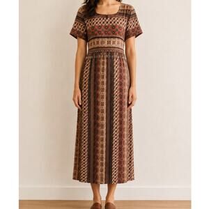 Vintage 90s Midi Dress Beaded Brown 100% Rayon Chiasso Festival Boho Size 10/M